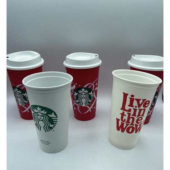 5 Starbucks Christmas Holiday Red White16 Oz. Recycled Travel Cups Mugs w 3 Lids - Picture 1 of 8